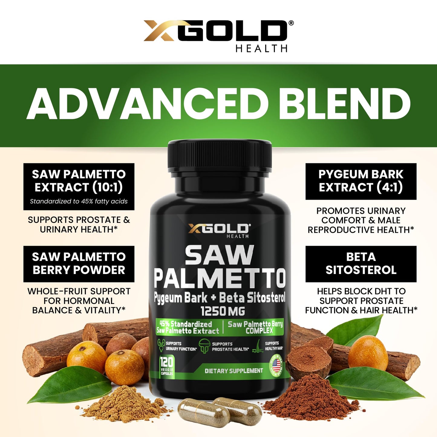 X Gold Health Saw Palmetto Prostate Supplement for Men | 3X Potent Formula | Made in USA