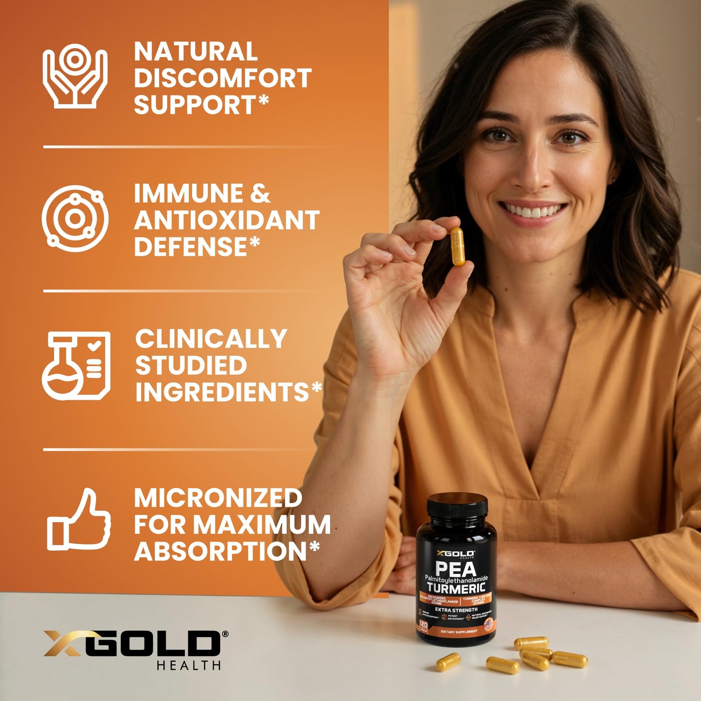 X Gold Health Pea PEA + Turmeric Curcumin Complex – 1600mg Micronized, 99% PEA & 95% Curcuminoids – Joint Support, Mobility & Comfort – Made in USA