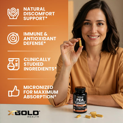 X Gold Health Pea PEA + Turmeric Curcumin Complex – 1600mg Micronized, 99% PEA & 95% Curcuminoids – Joint Support, Mobility & Comfort – Made in USA
