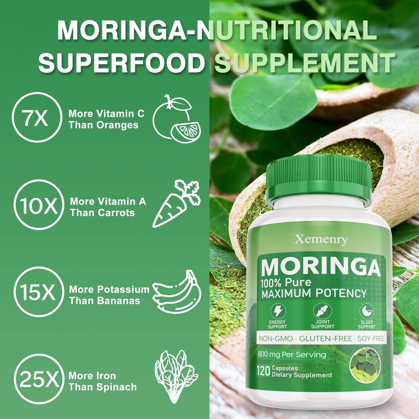 Xemenry Moringa Capsules 800mg | Energy, Immune & Gut Health - 120 Caps