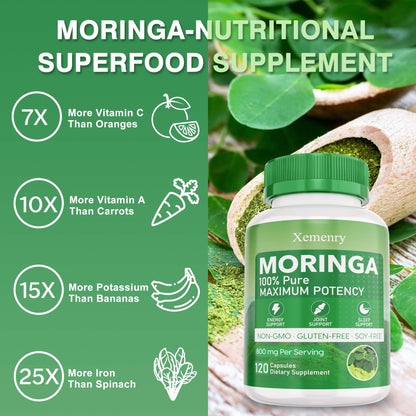 Xemenry Moringa Capsules 800mg | Energy, Immune & Gut Health - 120 Caps