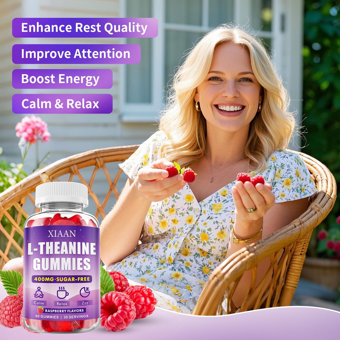 XIAAN L-Theanine Gummies for Kids & Adults – 400mg Chewable L-Theanine, Calm, Zzz & Relaxation, Vegan & Organic Raspberry Flavor, 120 Counts