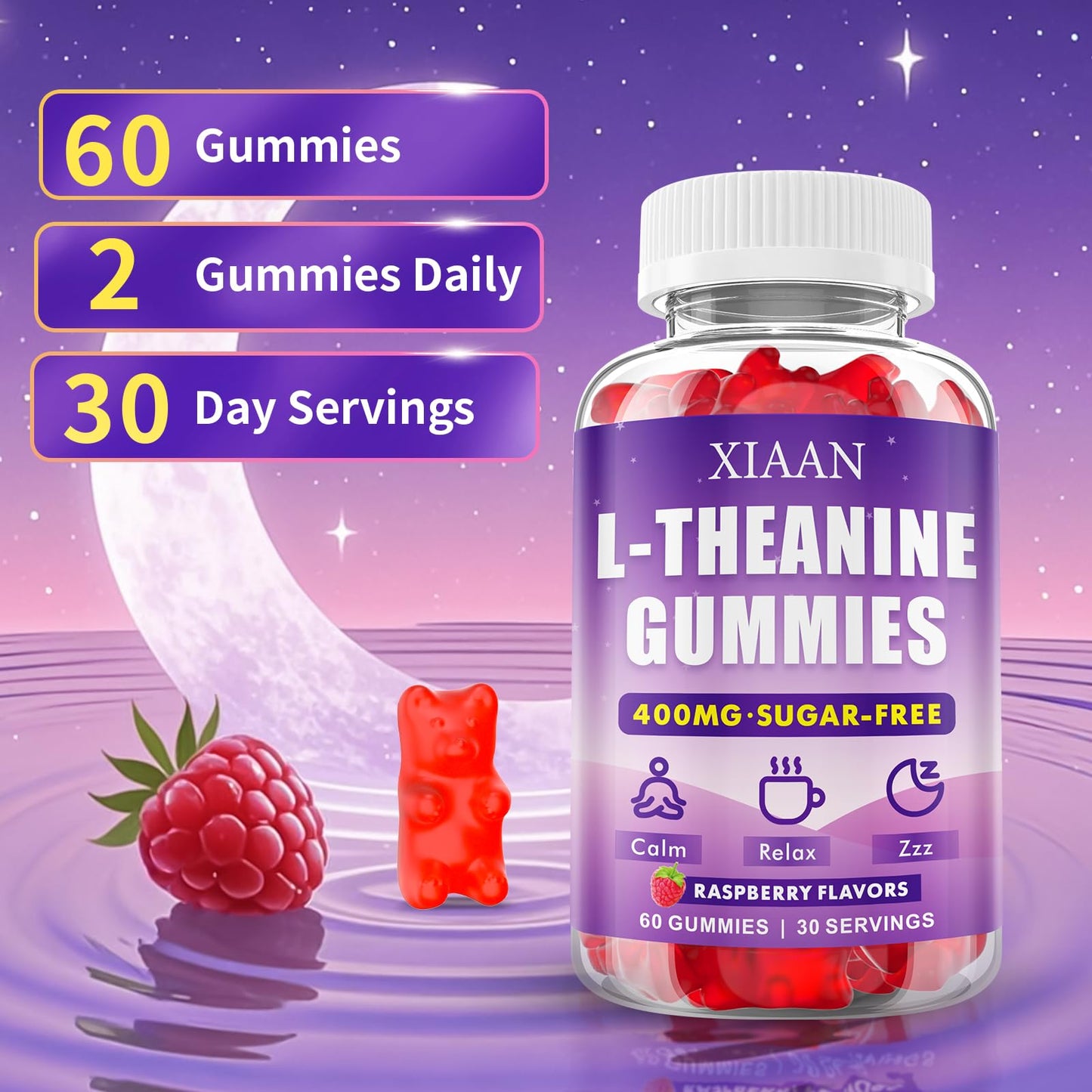 XIAAN L-Theanine Gummies – 400mg, Calm & Sleep Support (Vegan Raspberry)