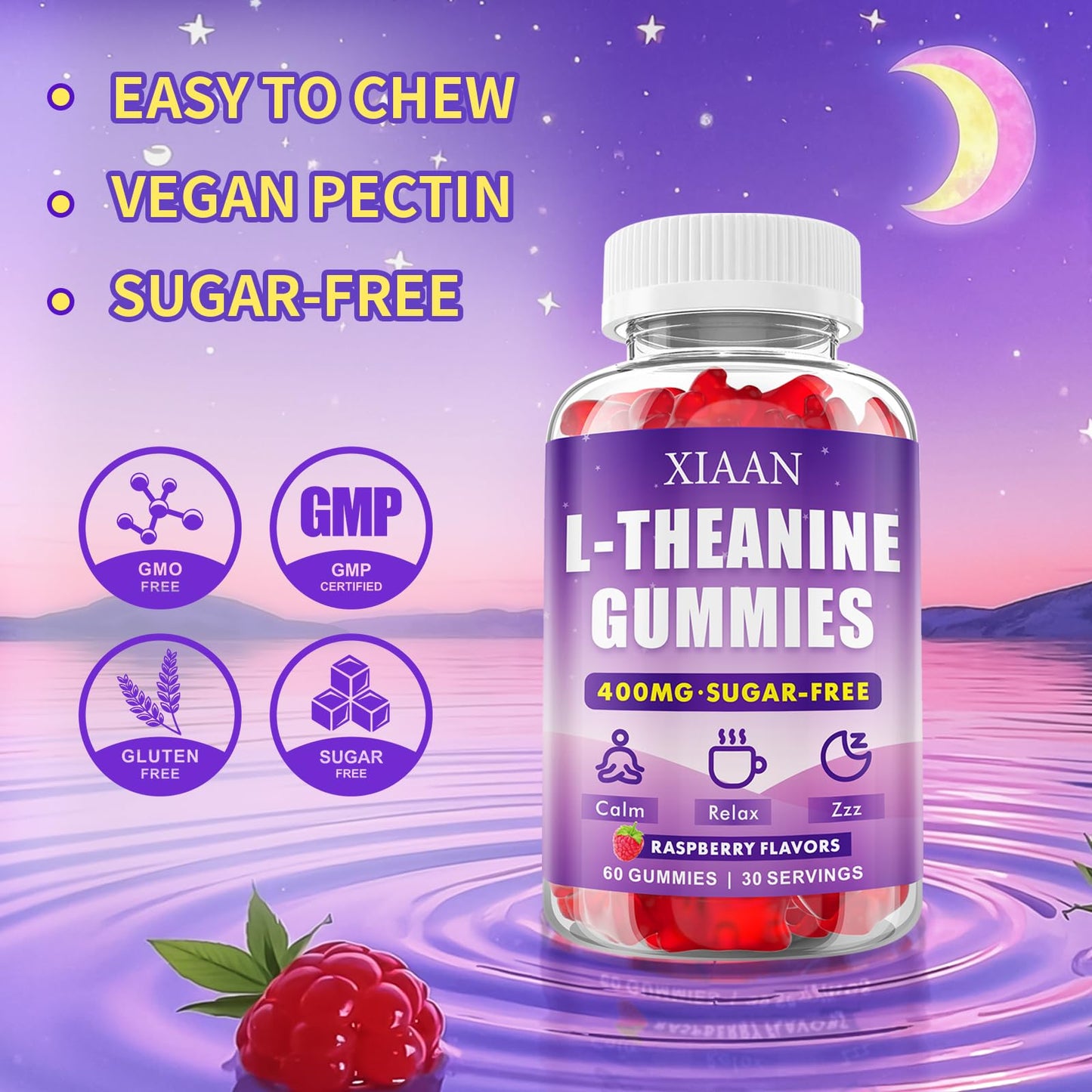 XIAAN L-Theanine Gummies for Kids & Adults – 400mg Chewable L-Theanine, Calm, Zzz & Relaxation, Vegan & Organic Raspberry Flavor, 120 Counts