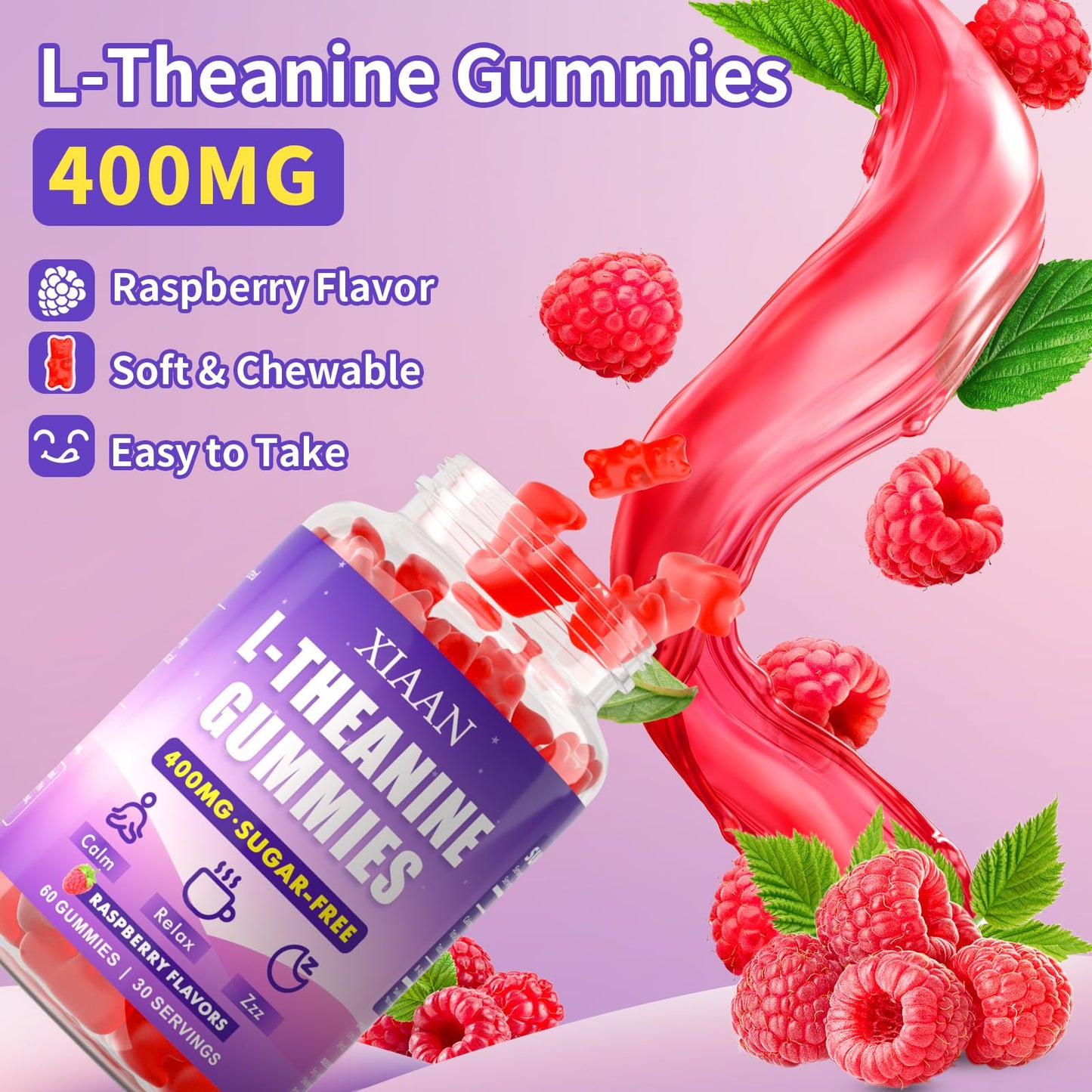 XIAAN L-Theanine Gummies for Kids & Adults – 400mg Chewable L-Theanine, Calm, Zzz & Relaxation, Vegan & Organic Raspberry Flavor, 120 Counts