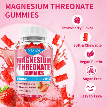 XIAAN Magnesium L-Threonate Gummies 500mg – Sugar-Free Strawberry 60 Count