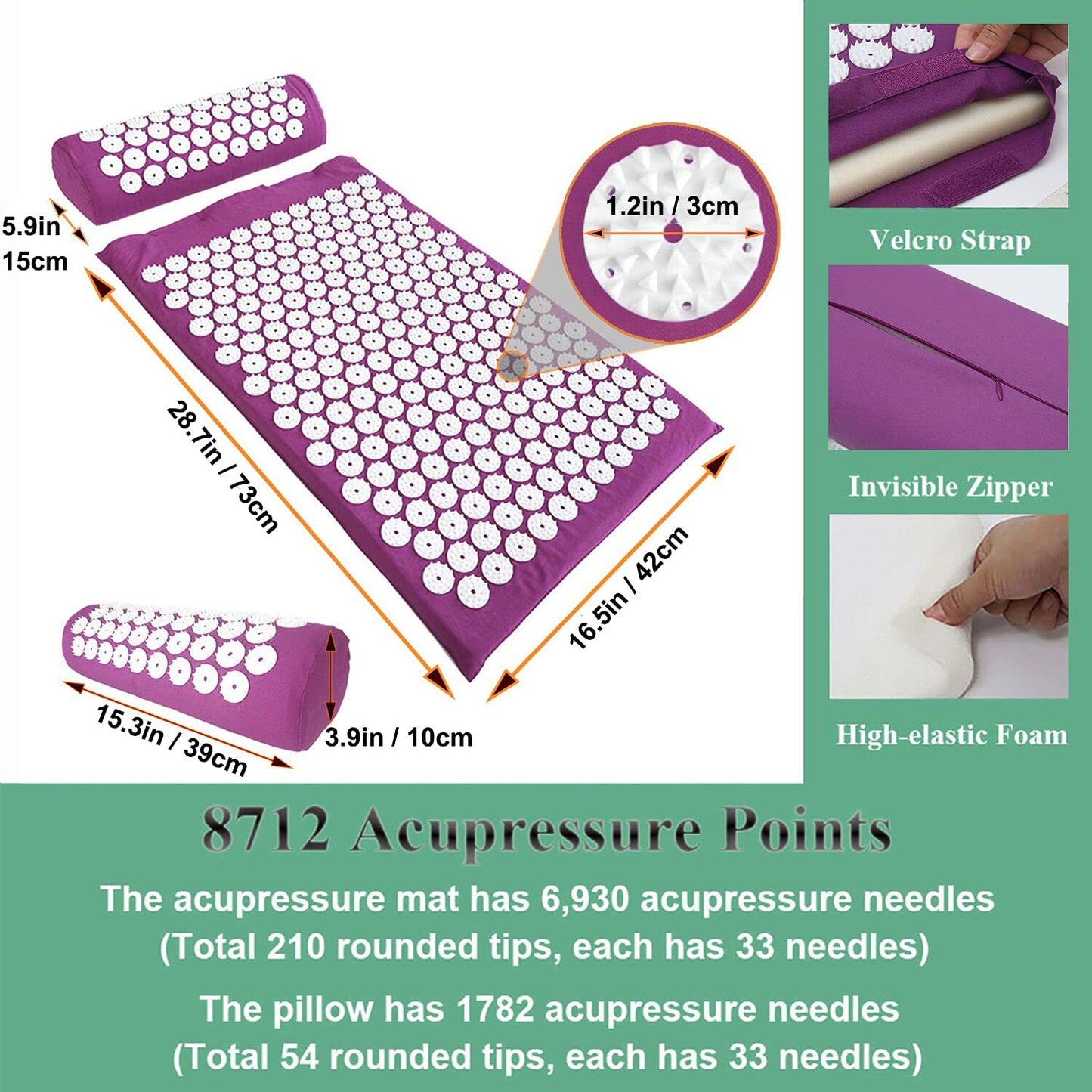 XiaoMaGe Acupressure Mat & Pillow Set – Large 28.7x16.5 in (Purple) for Neck & Back Pain Relief