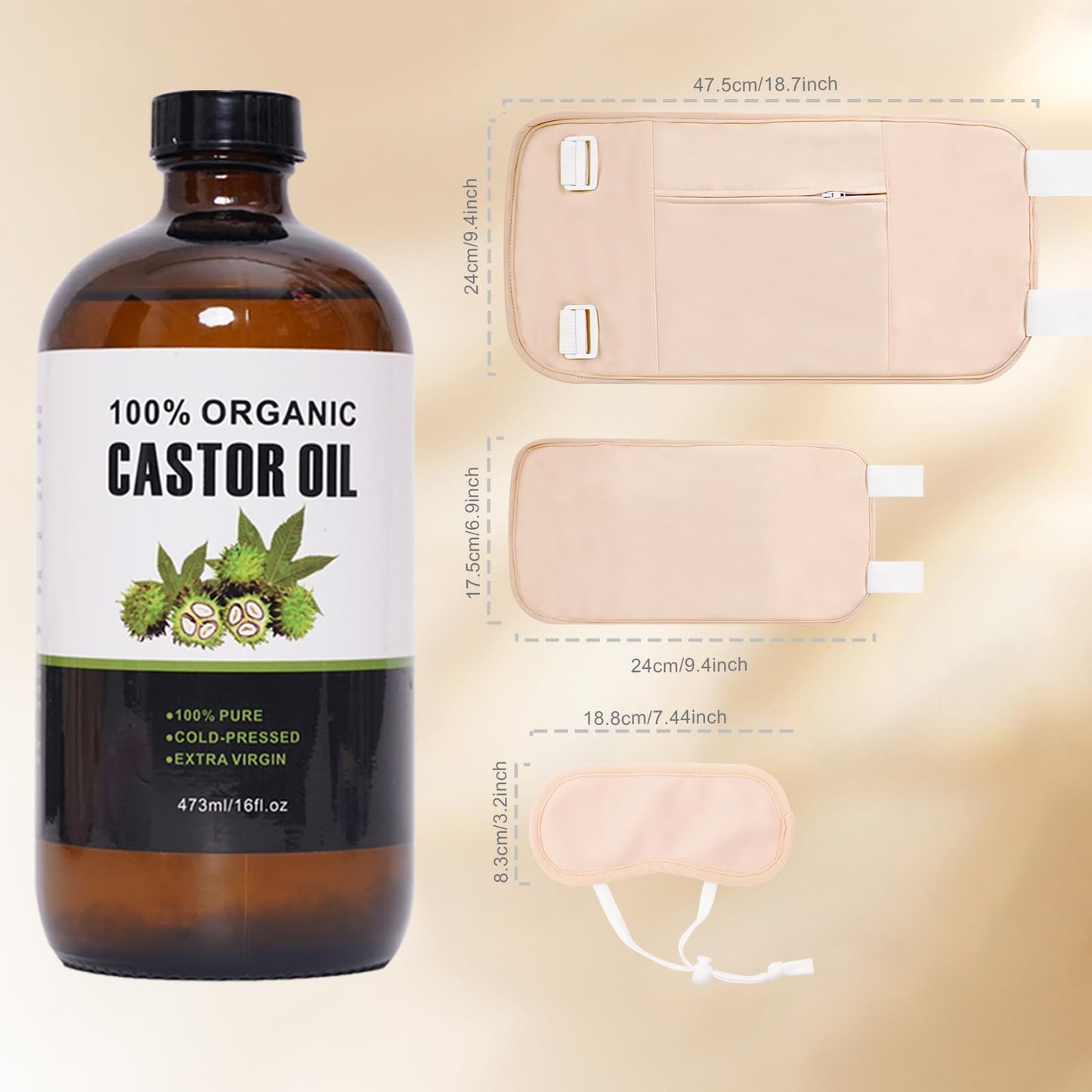 XIKERAY Organic Cold-Pressed Castor Oil (16oz/473ml) + Castor Oil Pack Kit