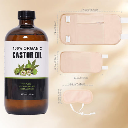 XIKERAY Organic Cold-Pressed Castor Oil (16oz/473ml) + Castor Oil Pack Kit