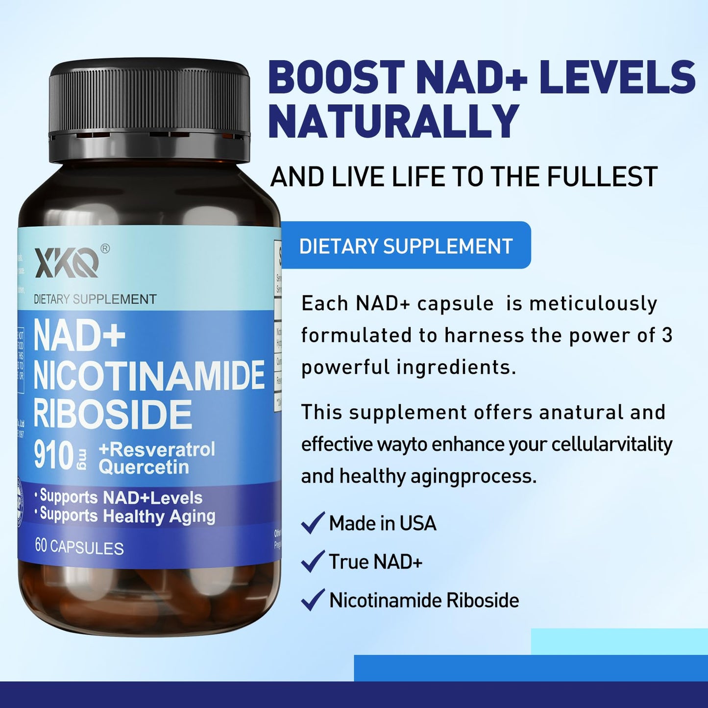 XKQ NAD+ Supplement 910mg – 60 Servings | Nicotinamide Riboside for Energy & Healthy Aging