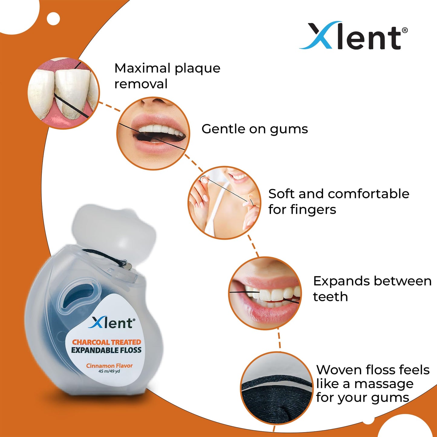 Xlent Expandable Floss – Activated Charcoal, Xylitol, Cinnamon | Pack of 2