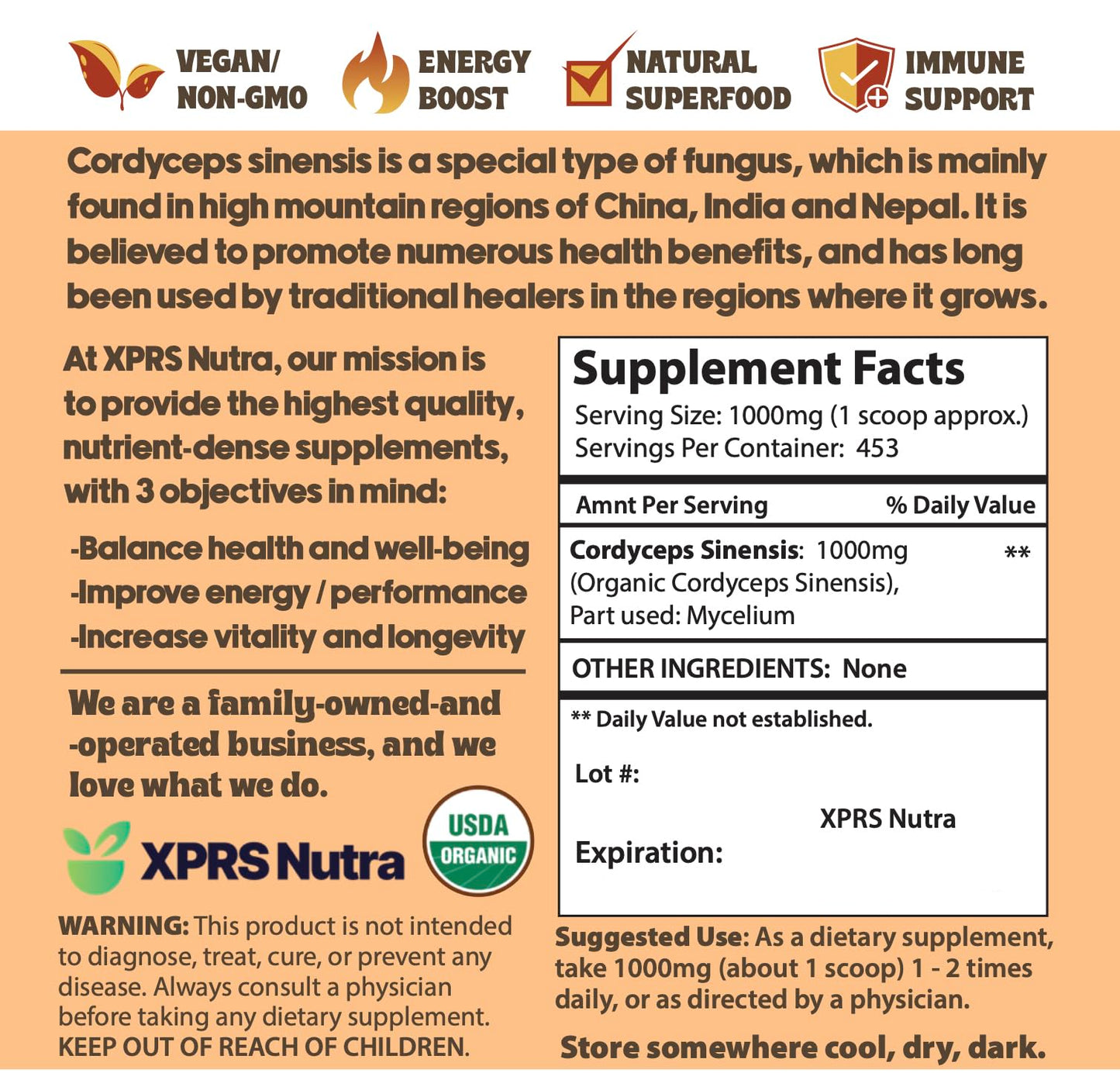 XPRS Nutra Organic Cordyceps Mushroom Powder – Energy & Immune Support (16 oz)