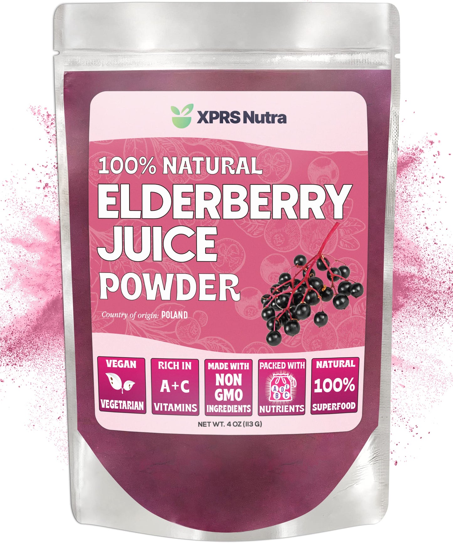 XPRS Nutra Elderberry Juice Powder - Organic Elderberry Powder, Vitamins A & C (4 oz)