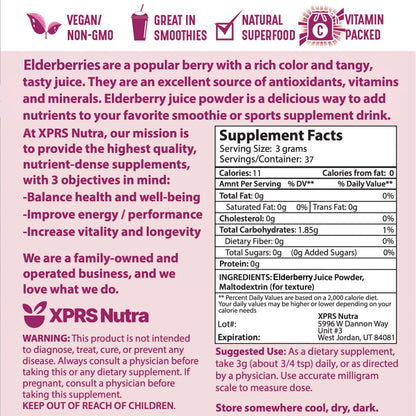 XPRS Nutra Elderberry Juice Powder - Organic Elderberry Powder, Vitamins A & C (4 oz)