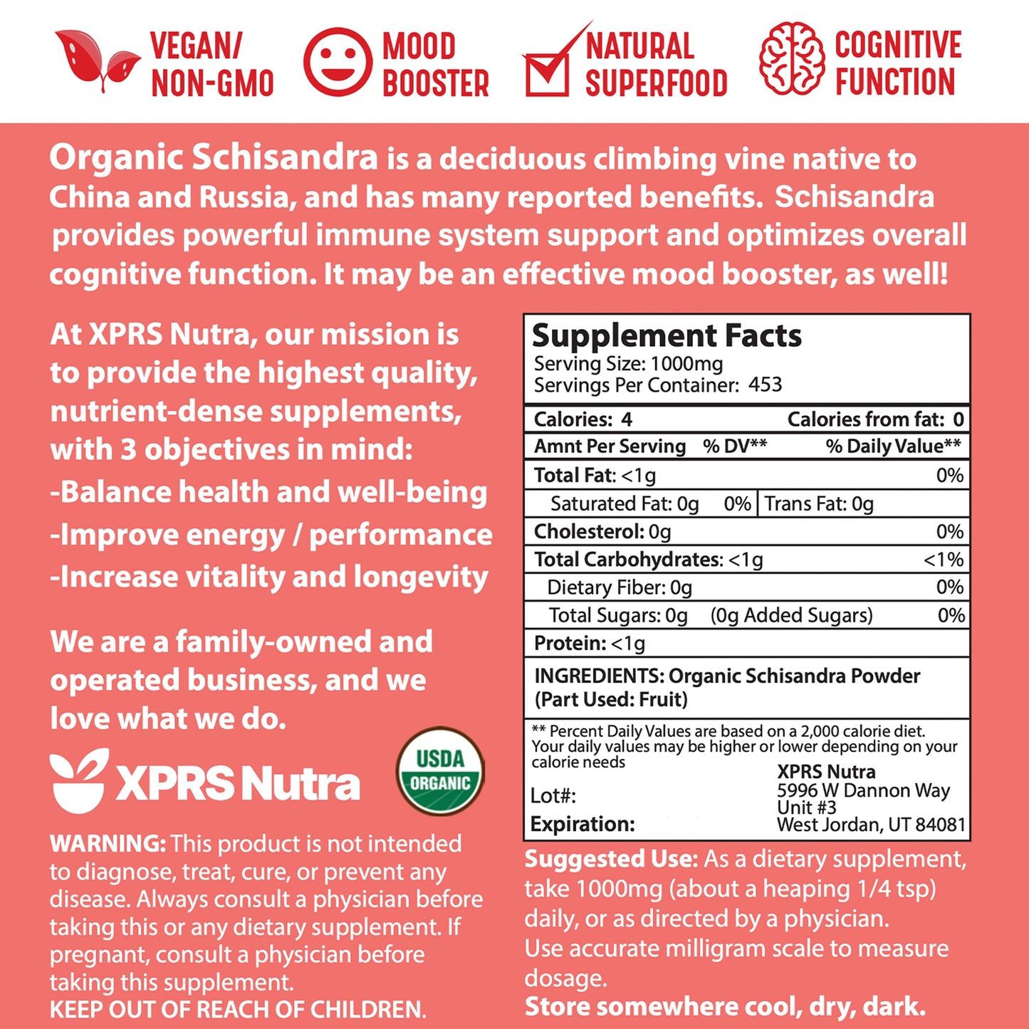 XPRS Nutra Organic Schisandra Berry Powder Extract | USDA Organic, Cognition & Immunity (16 oz)