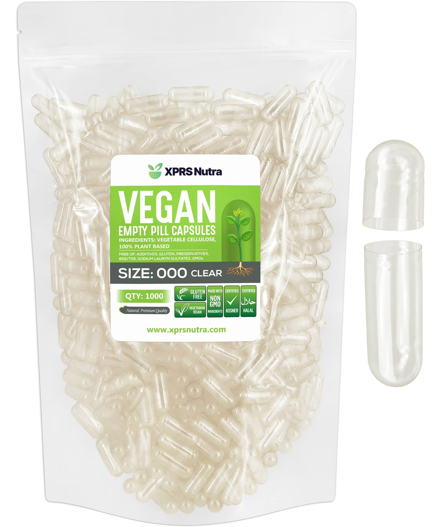 XPRS Nutra Vegan Size 000 Empty Capsules – 1000 Count Clear Veggie Capsules for DIY Filling