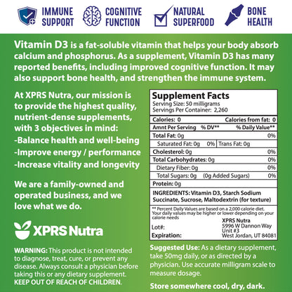XPRS Nutra Vitamin D3 Powder (Cholecalciferol) - Unflavored D3 for Bones & Immunity - Vitamin D Powder Supplements (4 Ounce)
