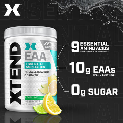Xtend Scivation EAA + BCAA Powder | 9 Essential Amino Acids | 10g EAAs per 2 Servings | Lemon Lime | 40 Servings