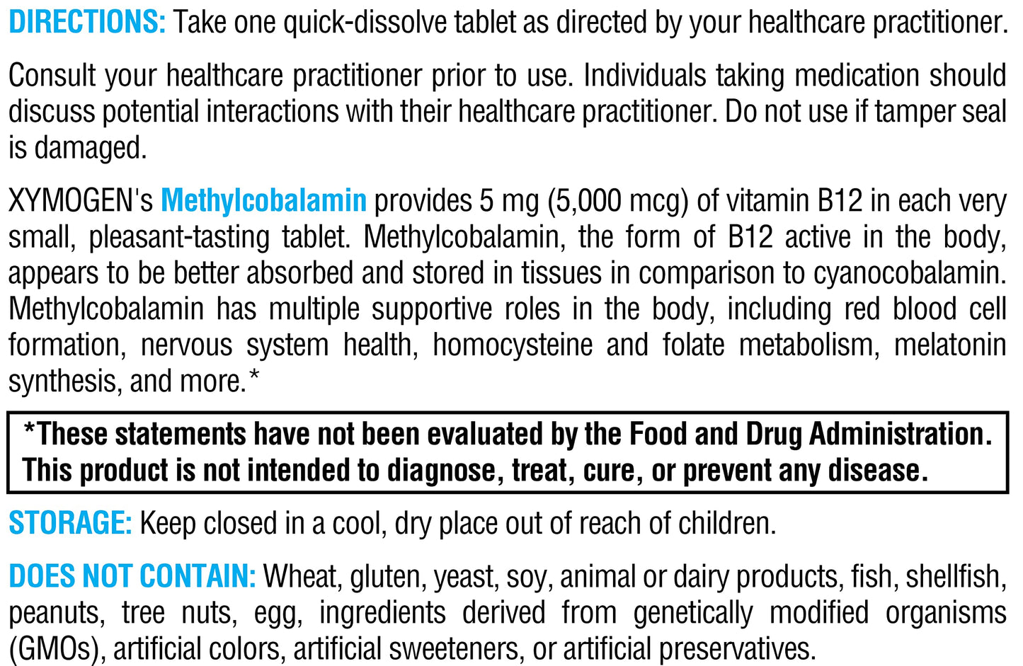 XYMOGEN Methylcobalamin 5,000 mcg Vitamin B12 - 60 Tablets