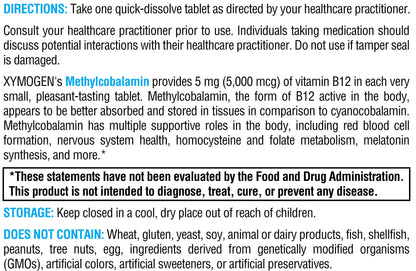 XYMOGEN Methylcobalamin 5,000 mcg Vitamin B12 - 60 Tablets