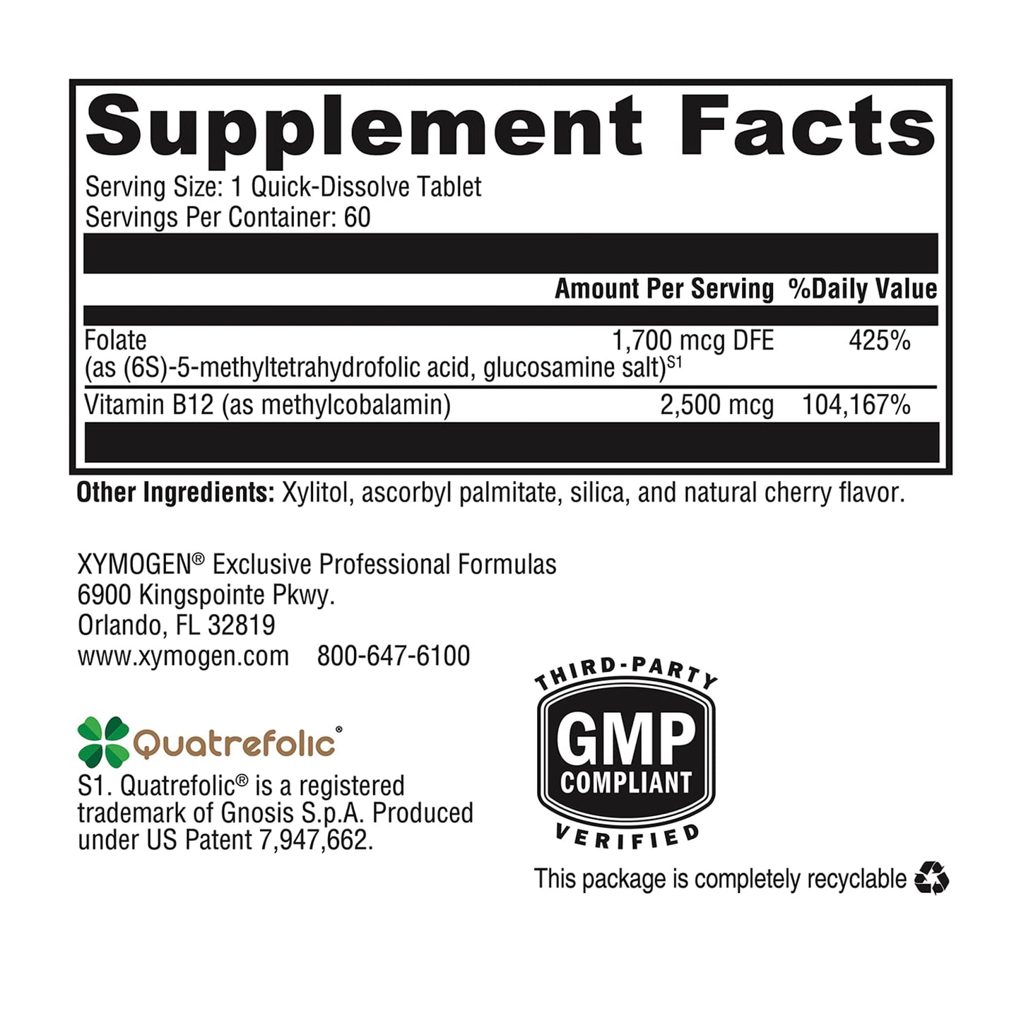 XYMOGEN 5-MTHF Plus B12 — Biologically Active Folate + Methyl B12 (Cherry Flavor) | 60 Quick-Dissolve Tablets
