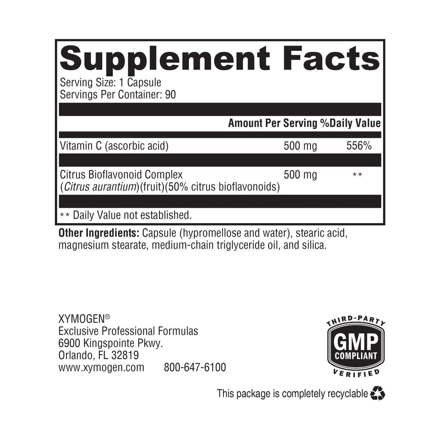 XYMOGEN Bio C 1:1 - High Potency Vitamin C with Citrus Bioflavonoids (90 Capsules) | Immune Support & Collagen Synthesis