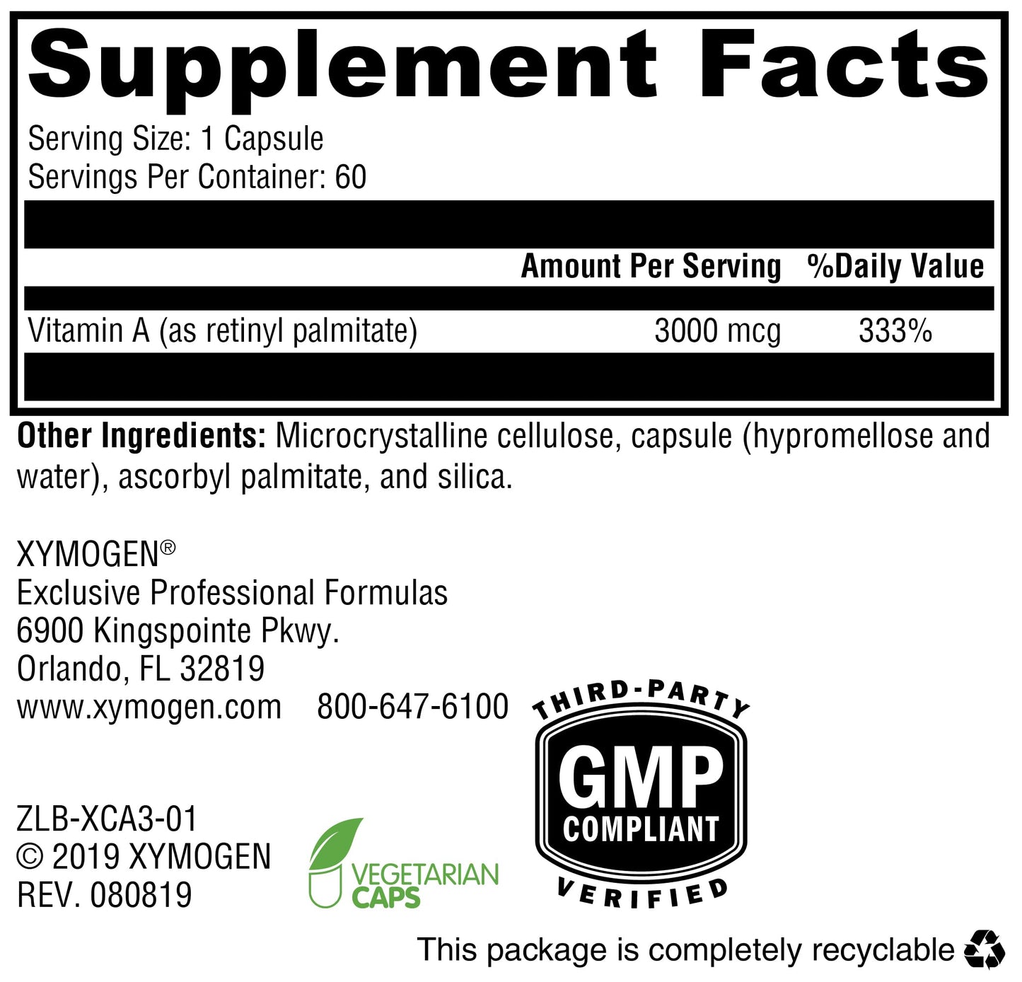 XYMOGEN Xcellent A 3000–10,000 IU Vitamin A (Retinyl Palmitate) - Immune & Skin Support, 60 Capsules Pack of 2