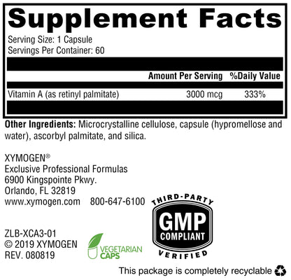 XYMOGEN Xcellent A 3000–10,000 IU Vitamin A (Retinyl Palmitate) - Immune & Skin Support, 60 Capsules Pack of 2
