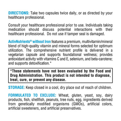 XYMOGEN ActivNutrients Without Iron — Multivitamin & Mineral Blend for Wellness, Immune, Energy & Mood (120 Capsules)