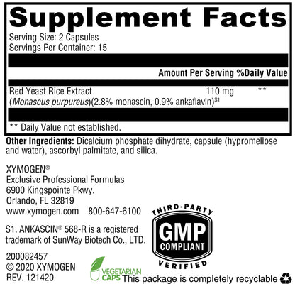 XYMOGEN Red Yeast Rice - Non-GMO Red Yeast Rice Supplement to Help Maintain Already Healthy Blood Lipid + Cholesterol Levels - Cardiovascular Support - Tested Citrinin-Free (30 Capsules)