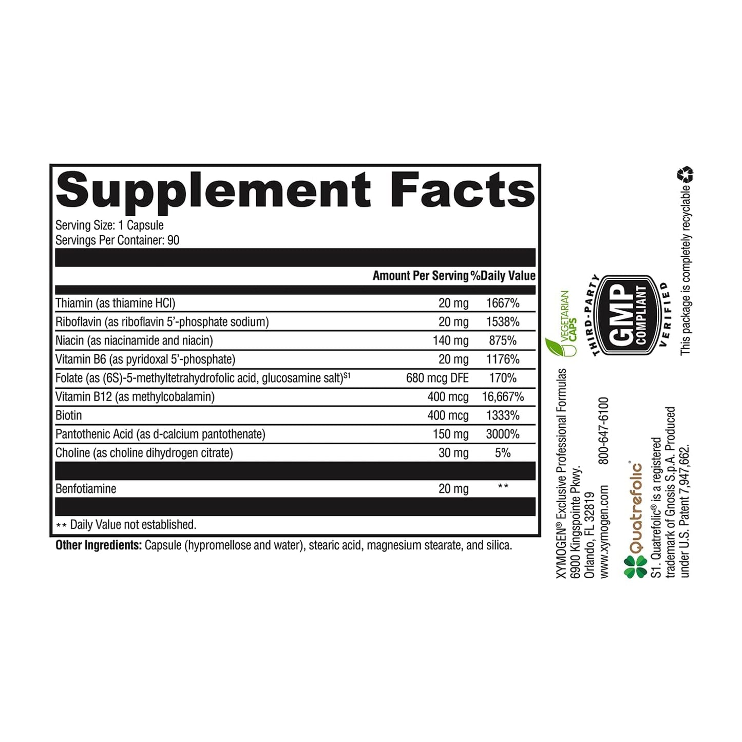 XYMOGEN B Activ Vitamin B Complex with Benfotiamine, Methylfolate, Biotin, B6 & B12 (Methylcobalamin) – Energy & Adrenal Mood Support (90 Capsules)
