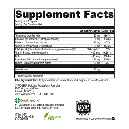 XYMOGEN B Activ Vitamin B Complex – Benfotiamine, Methylfolate & Methylcobalamin (180 Capsules) – Energy & Mood Support