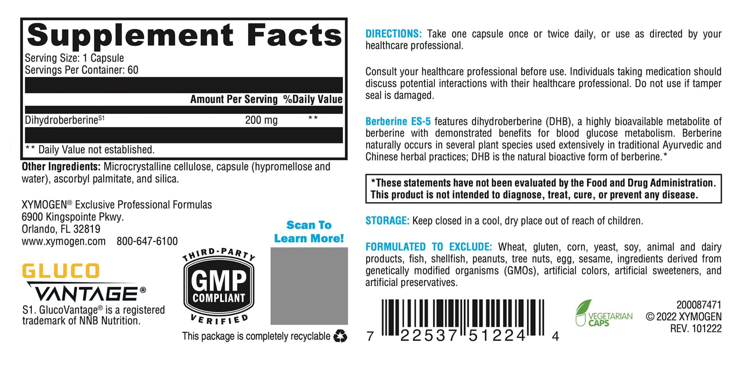 XYMOGEN Berberine ES-5 - DHB Berberine Supplement - 5x Bioavailability - Metabolic Support (60 Capsules)