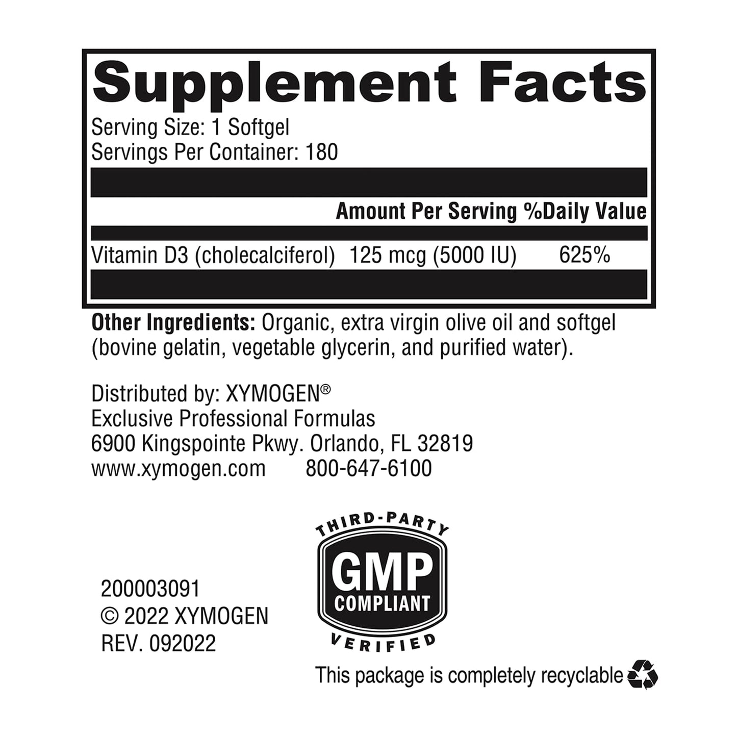 XYMOGEN D3 5000 – Bioavailable Vitamin D3 5000 IU (125 mcg) – 180 Softgels
