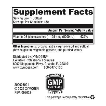XYMOGEN D3 5000 – Bioavailable Vitamin D3 5000 IU (125 mcg) – 180 Softgels