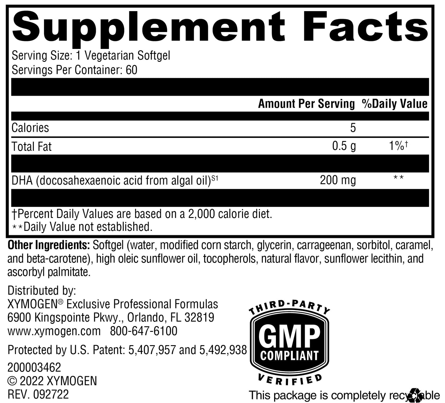XYMOGEN DHA from Algae – DHA Omega-3 for Brain, Eyes, Heart & Immune Health (60 Softgels)