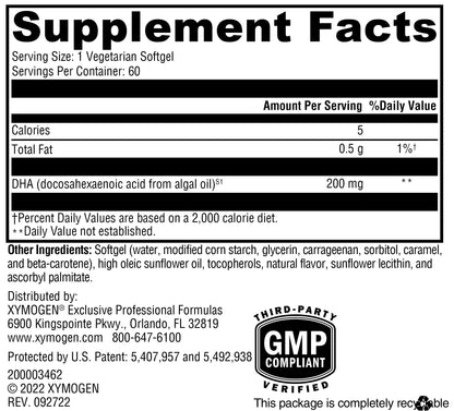 XYMOGEN DHA from Algae – DHA Omega-3 for Brain, Eyes, Heart & Immune Health (60 Softgels)