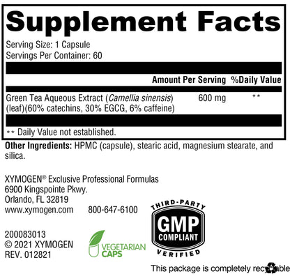 XYMOGEN Green Tea 600 - Ultra Pure Green Tea Extract Capsules - Immune Support, Heart & Brain Health | Gluten Free, Vegan, Non-GMO | 60 Capsules