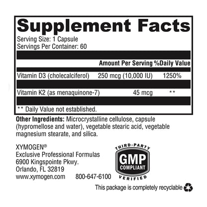 XYMOGEN K2-D3 10000 IU – Bioavailable Vitamin D3 K2 (MK-7) for Bone, Heart & Immune Support | 60 Capsules