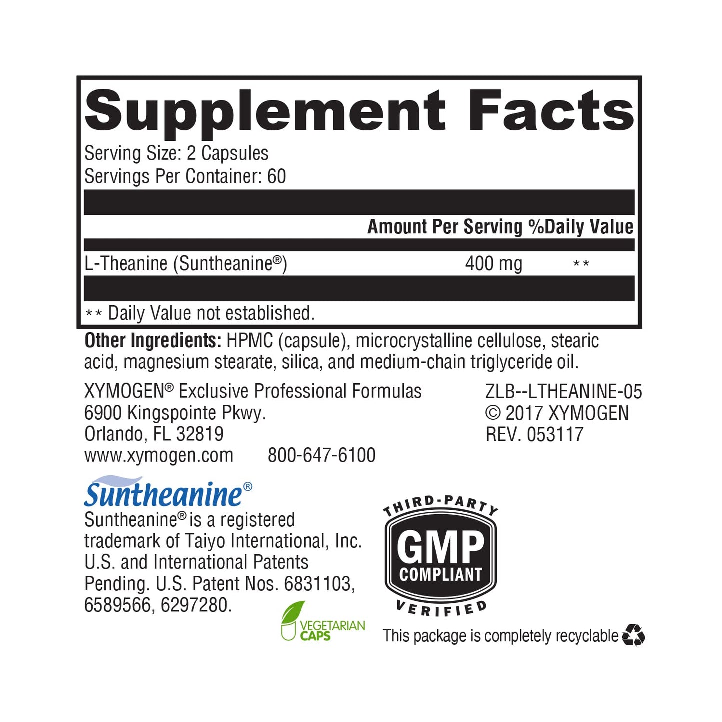 XYMOGEN L-Theanine – Suntheanine 400 mg per Serving | Calm, Relaxation & Focus