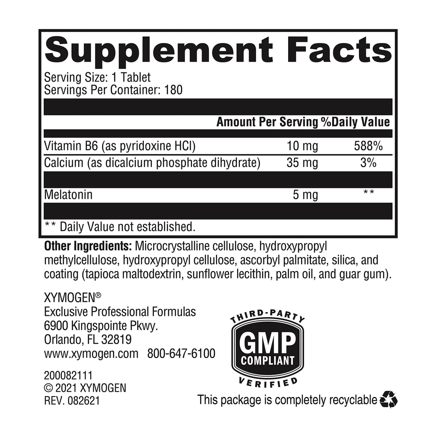 XYMOGEN Melatonin CR – 5 mg Time Release Melatonin with Vitamin B6 | Nighttime Support | 180 Tablets