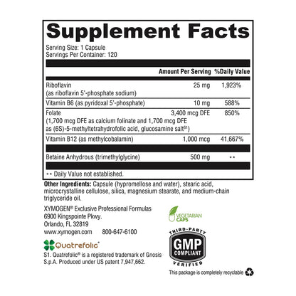 XYMOGEN Methyl Protect — Optimal Methylation Formula with Methyl Folate, Methylcobalamin B12, Riboflavin + B6 | 120 Capsules