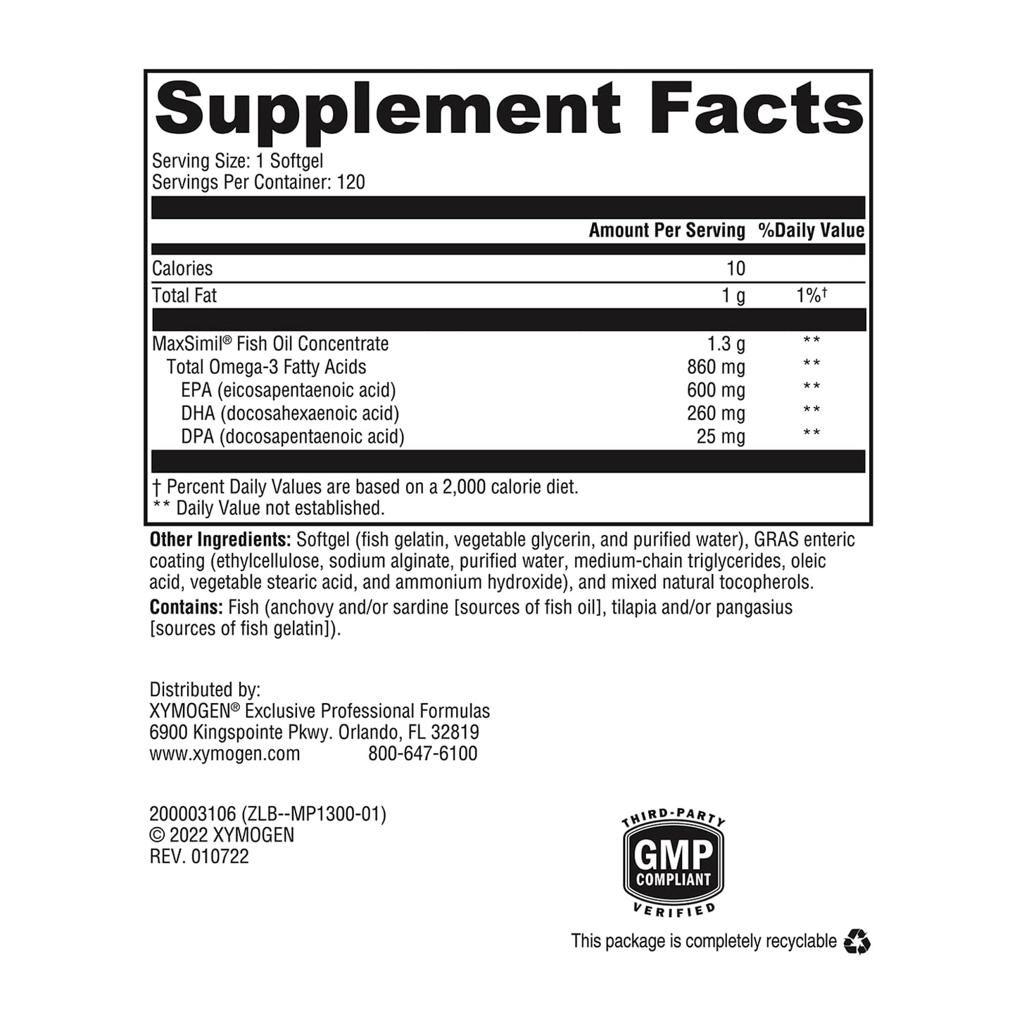 XYMOGEN Omega MonoPure 1300 EC: 3X Absorption DHA EPA Omega-3 (120 Softgels)