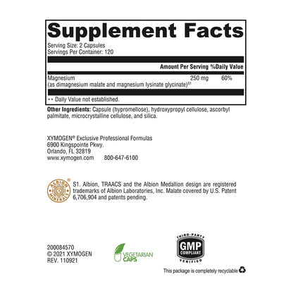 XYMOGEN OptiMag 125 – Chelated Magnesium for Nerves, Muscles, Bones & Heart (240 Capsules)