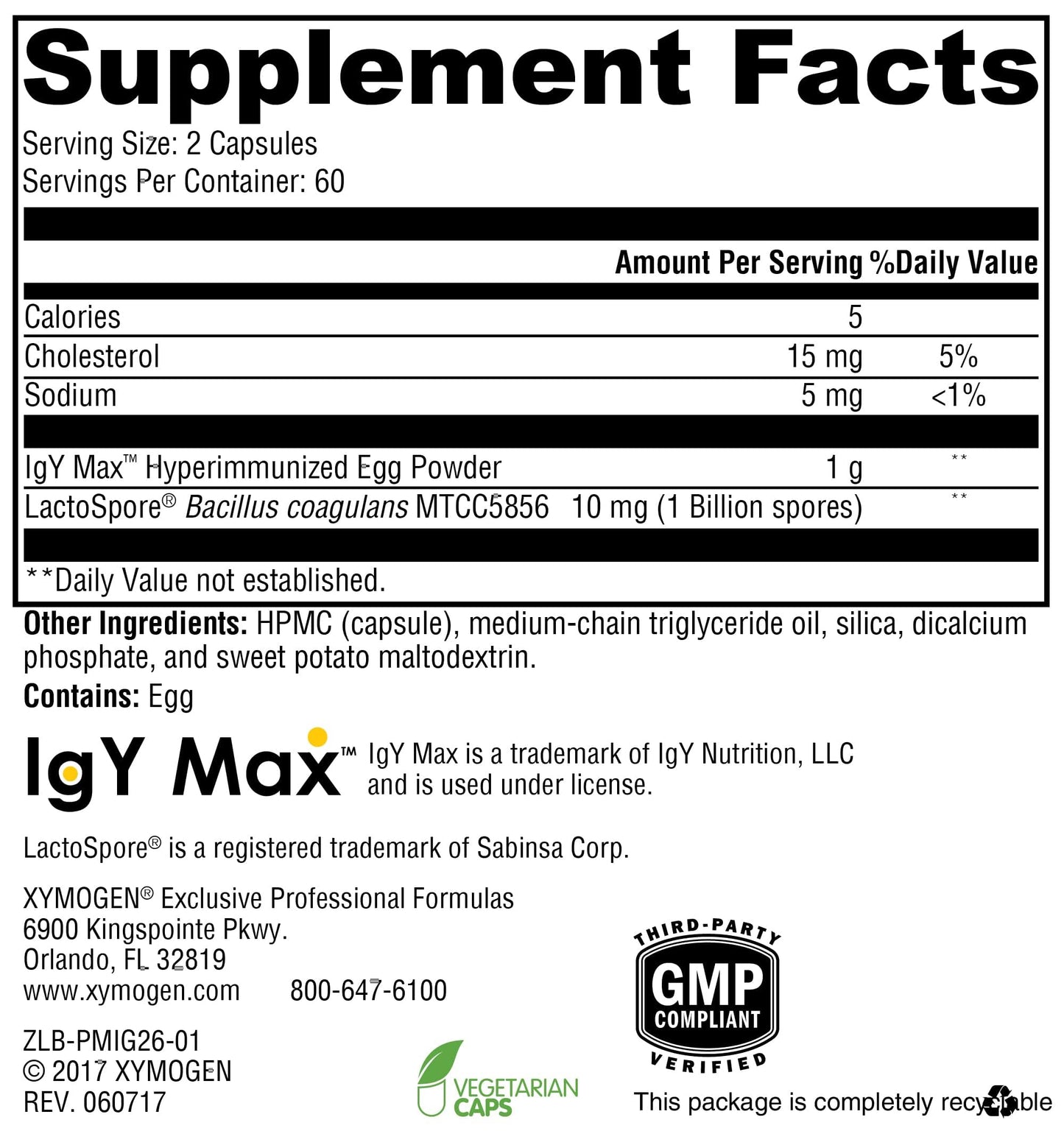 XYMOGEN ProbioMax IG 26 Probiotic + IgY Max Immunoglobulins (120 Capsules)