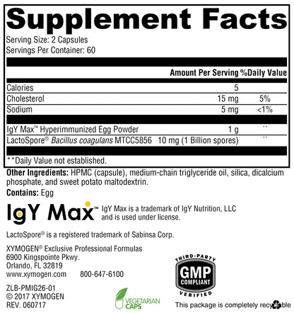 XYMOGEN ProbioMax IG 26 Probiotic + IgY Max Immunoglobulins (120 Capsules)