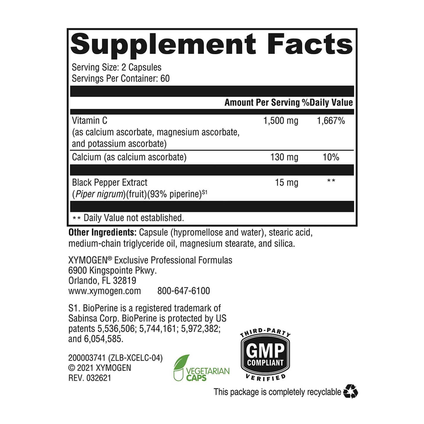 XYMOGEN Xcellent C High-Potency Vitamin C with BioPerine | Buffered for Gentle Digestion, 120 Capsules