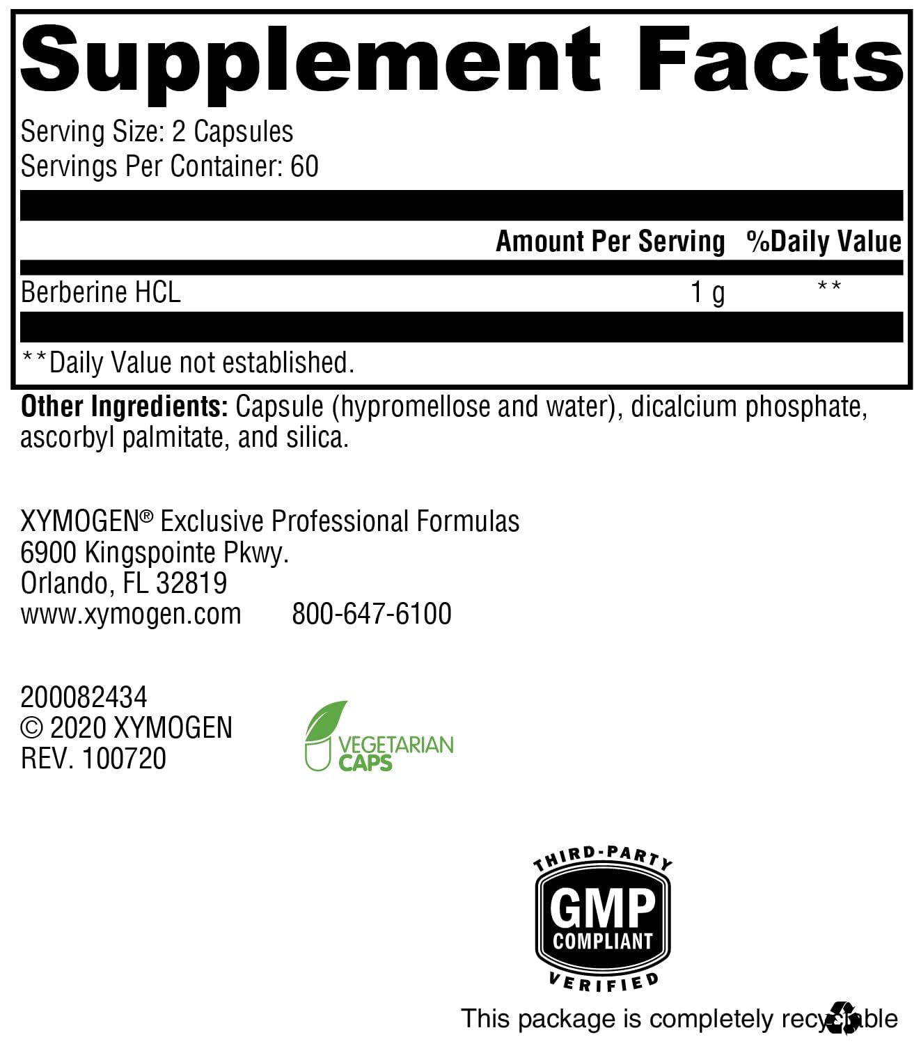 XYMOGEN Berberine HCL 1000mg – Metabolic & Digestive Support – 120 Capsules