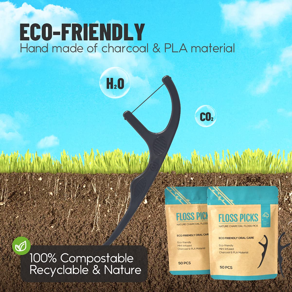 Y-Kelin Natural Dental Floss Picks – Vegan, Eco-Friendly, Black Bamboo Charcoal, Mint, 100 Pcs