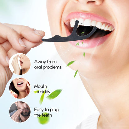 Y-Kelin Natural Dental Floss Picks – Vegan, Eco-Friendly, Black Bamboo Charcoal, Mint, 100 Pcs